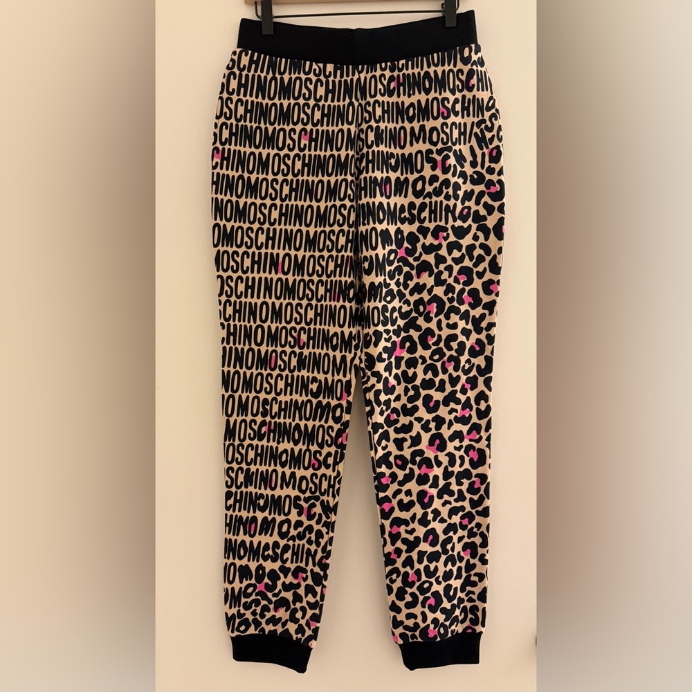 NWT Moschino Logo Leopard Print Jogger Pants Black Pink M